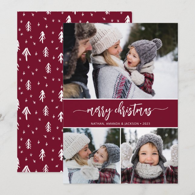 Feliz Natal Moderno Três Fotos Cartão de Férias (Frente/Verso)