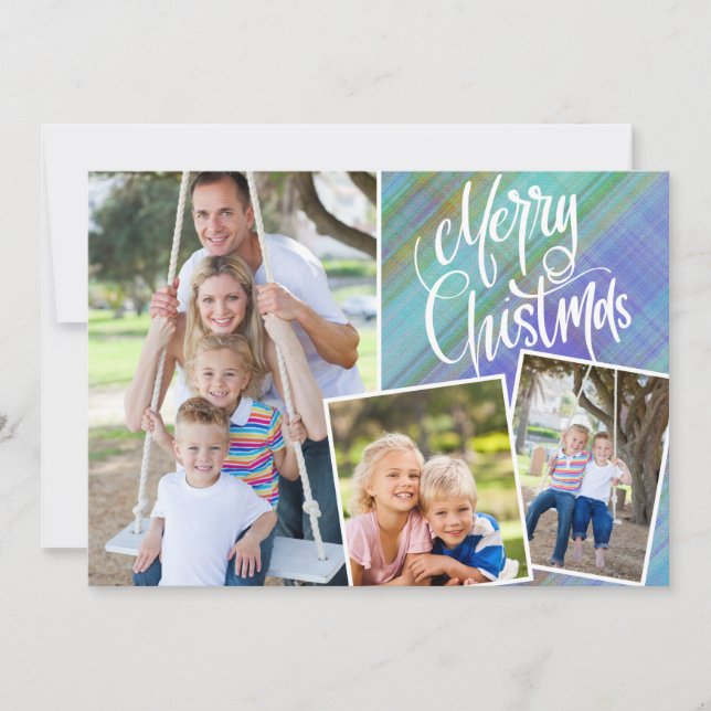 Feliz Natal Moderno Xadrez Azul Três Foto (Frente)