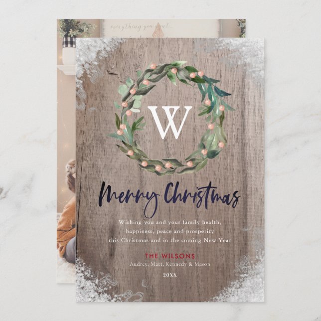 Feliz Natal Monograma Wreath Wood Cartão com fotos (Frente/Verso)