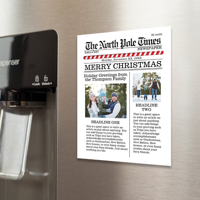 Feliz Natal Multifotógrafo Divertido no Polo Norte (Christmas photo magnetic card template with a newspaper print theme. )