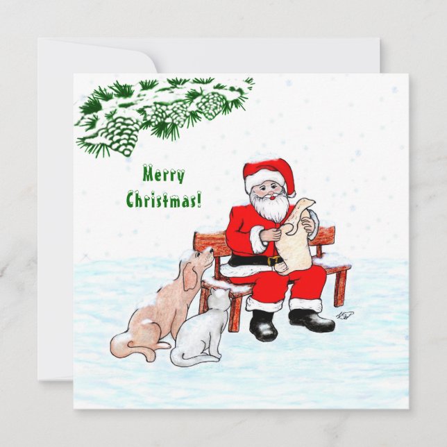 Feliz Natal! Papai Noel com Gato e Cachorro (Frente)