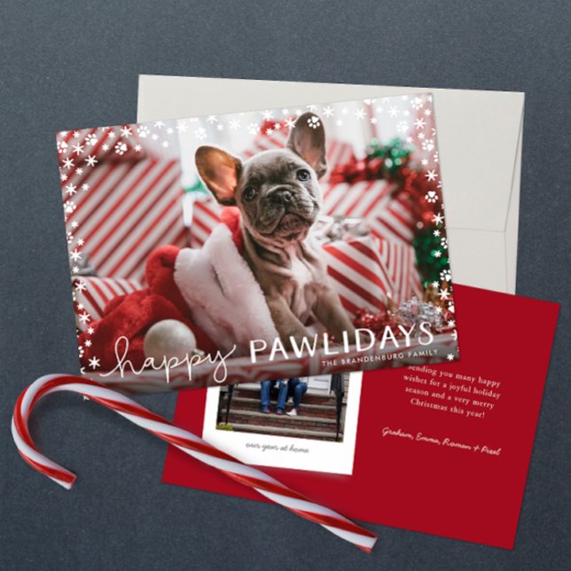 Feliz Natal Pawlidays com o Cartão com fotos de Fé (Happy Pawlidays snowflake paw two photo Christmas holiday card with red backer and personalized text)