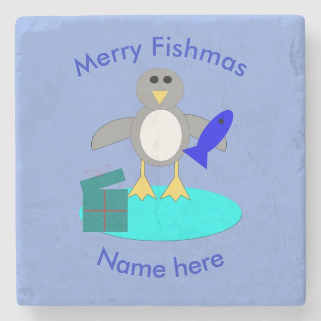 Feliz Natal Pescaria Porta copos de Pedra Pinguim (Frente)
