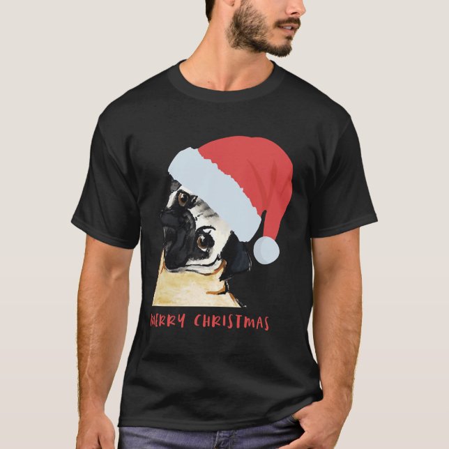 Feliz Natal Pug com camiseta Clássica de Santa Hat (Frente)
