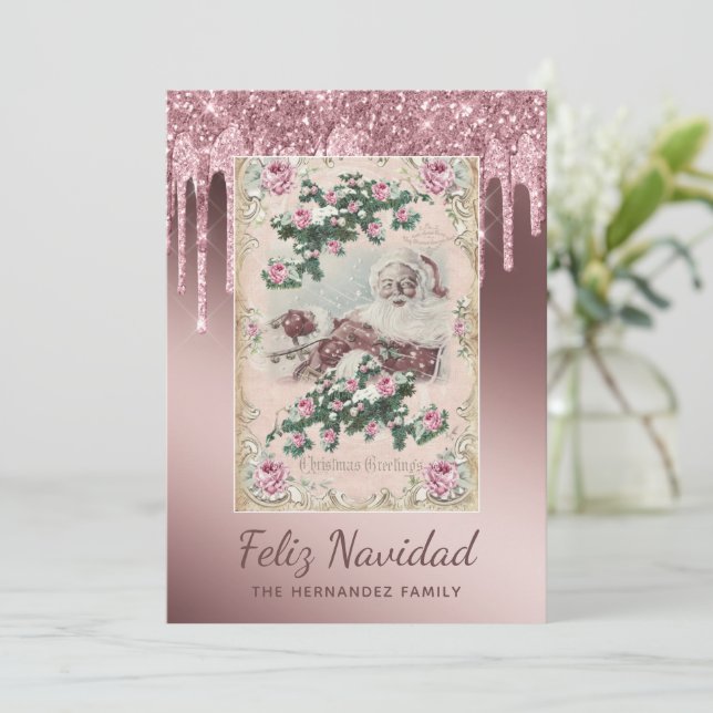 Feliz Natal Rosa Dourado com Brilho em Gotas Natal (Em pé/Frente)