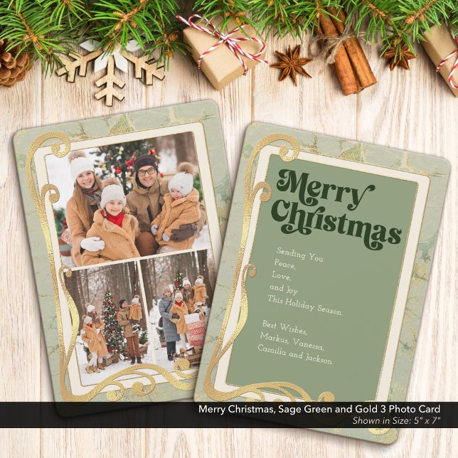 Feliz Natal Sage Green e Dourado Cartão com fotos  (Merry Christmas, Sage Green and Gold Holiday Three (3) Photo Greeting Card)