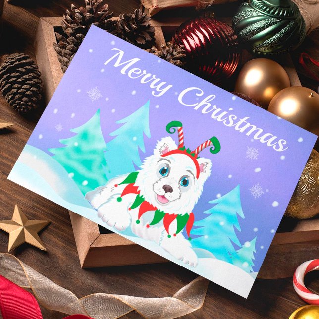 Feliz Natal Samoyed Com Toca de Elfo   Cartão (Criador carregado)
