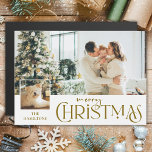 Feliz Natal Saudação com Foto Inserida Dourada<br><div class="desc">Gráfico de texto de ouro de Feliz Natal em uma fonte personalizada com campo de texto editável,  modelo de inserção de foto quadrada pequena e modelo de foto de fundo grande. Todos os elementos são personalizáveis.</div>