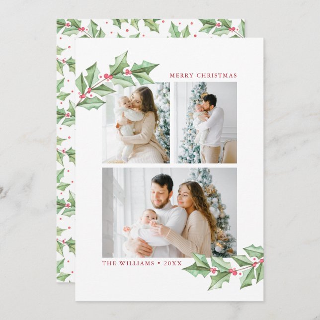 Feliz Natal Watercolor Holly 3 Fotos Feriado (Frente/Verso)