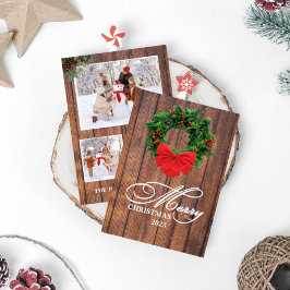Feliz Natal Wreath Wood Cartões de fotos
