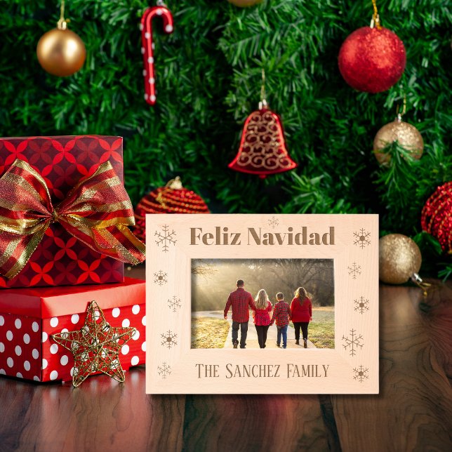Feliz Navidad, Nome Personalizado da Família com F (Wooden photo Frame Spanish Christmas, Custom family name, Christian message.)