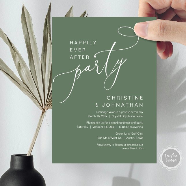 Feliz Nunca Depois Do Convite Do Partido Do Elopem (Happily Ever After Party, Wedding Elopement Brunch, Dinner or Lunch Invitation Card in Sage Green)