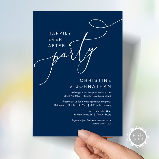 Feliz Nunca Depois Do Convite Do Partido Do Elopem (Happily Ever After Party, Wedding Elopement Brunch, Dinner or Lunch Invitation Card in Navy Blue)