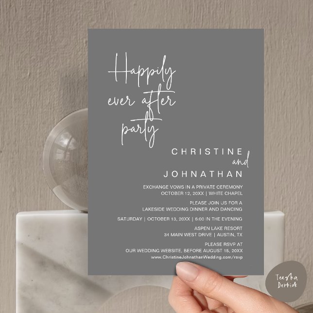 Feliz Nunca Depois Do Convite Do Partido Do Elopem (Happily Ever After Wedding Elopement Dinner Brunch Lunch Party Invites Card, PDF, Dark Grey)