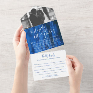 Feliz para sempre após festa de casamento azul