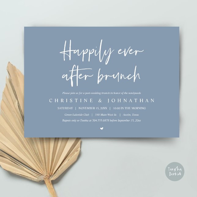 Feliz para sempre, depois do brunch, poste convite (Happily ever after brunch party, post wedding invitation card, pdf, in timeless dusty blue)