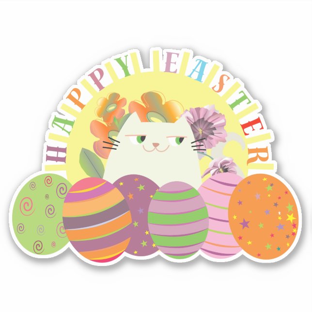 Feliz Páscoa Adesivo de Gato Ovos Florais Fofos (Frente)