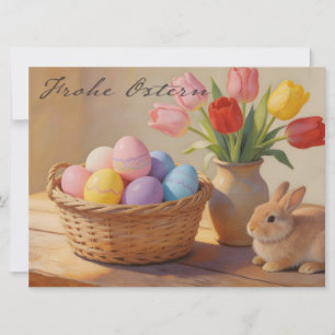 Feliz Páscoa com ovos coloridos e tulipas