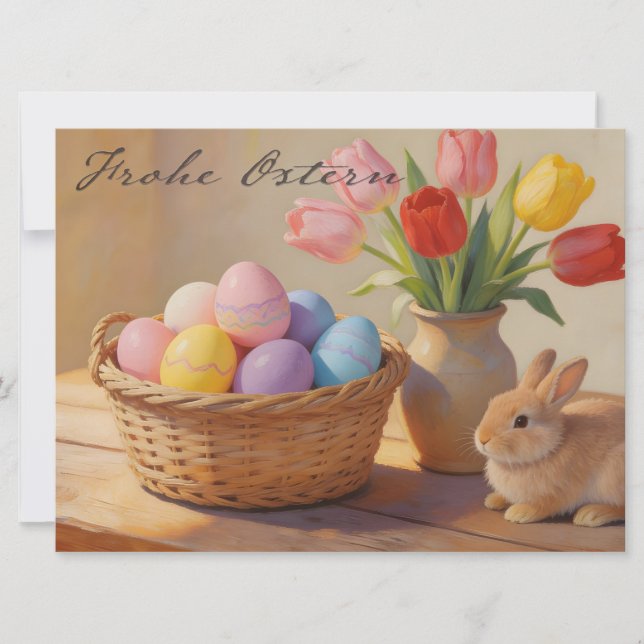 Feliz Páscoa com ovos coloridos e tulipas (Frente)