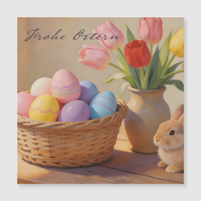 Feliz Páscoa com ovos coloridos e tulipas (Frente)
