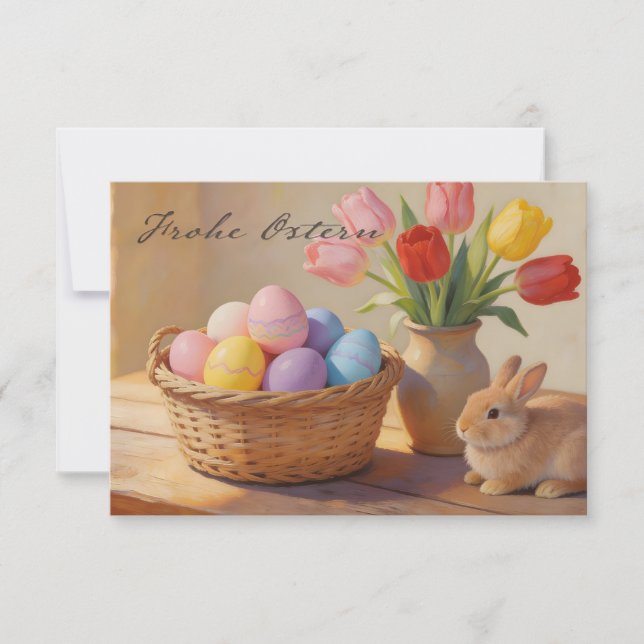 Feliz Páscoa com ovos coloridos e tulipas (Frente)