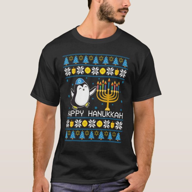 Feliz Pinguim de Hanukkah Suéter Feio Judaico Chan (Frente)