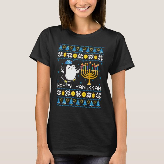 Feliz Pinguim de Hanukkah Suéter Feio Judaico Chan (Frente)