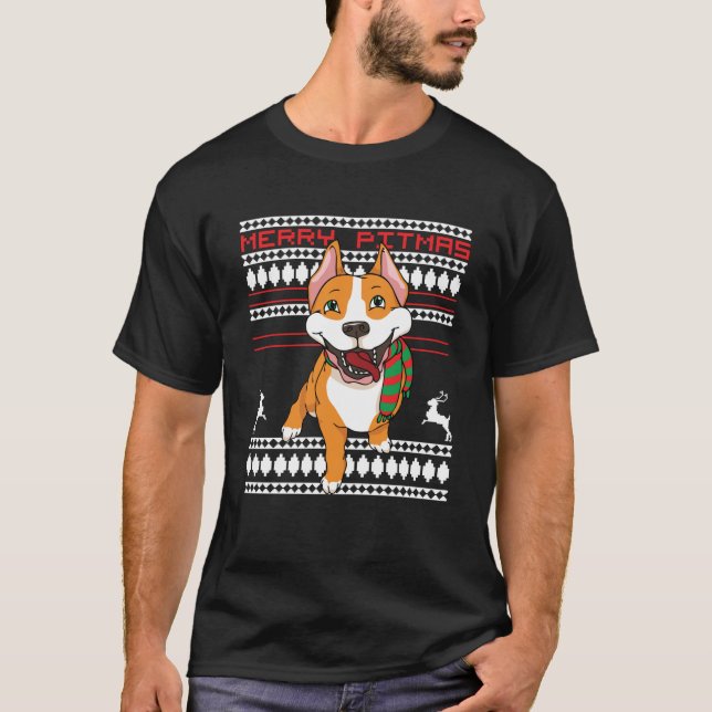 Feliz Pitmas Pitbull Papai Noel Cachorro Camiseta  (Frente)