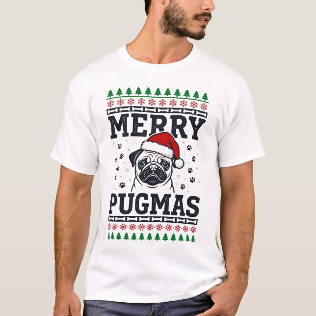 Feliz Pugmas Natal Pug Design de Suéter Feio (Frente)