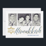 Feliz Relógio de Hanukkah| Cartão Hanukkah<br><div class="desc">Envie seus cartões de natal em estilo com este cartão Hanukkah de 3 fotos com texturas falsas de brilho.</div>