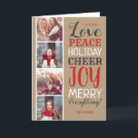 Feliz tudo cartão do feriado da colagem da foto<br><div class="desc">O costume disponível imprimiu cartões com fotos do feriado com modelos simples para a personalização. Este design rústico moderno tem uma mistura festiva de tipografia no vermelho, no branco e nas cinzas em um fundo do papel de embalagem do falso. O fraseio diz o amor, a paz, o elogio do...</div>