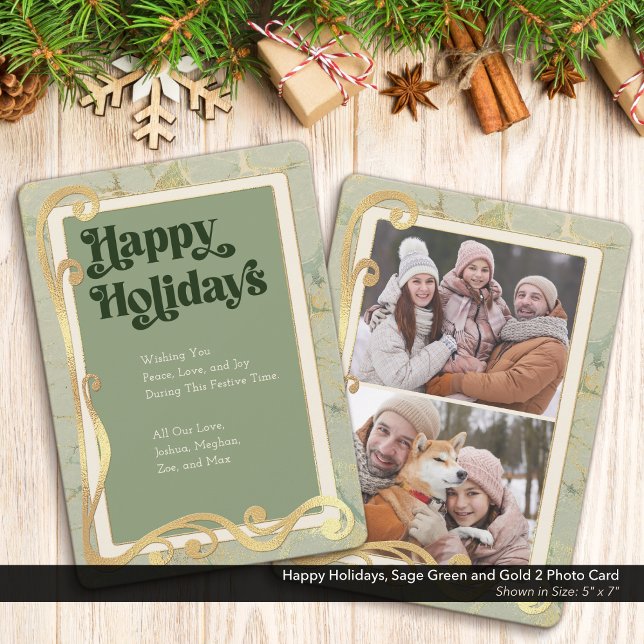 Felizes Feriados Sage Verde e Dourado Cartão com f (Happy Holidays, Sage Green and Gold Holiday Two (2) Photo Greeting Card)