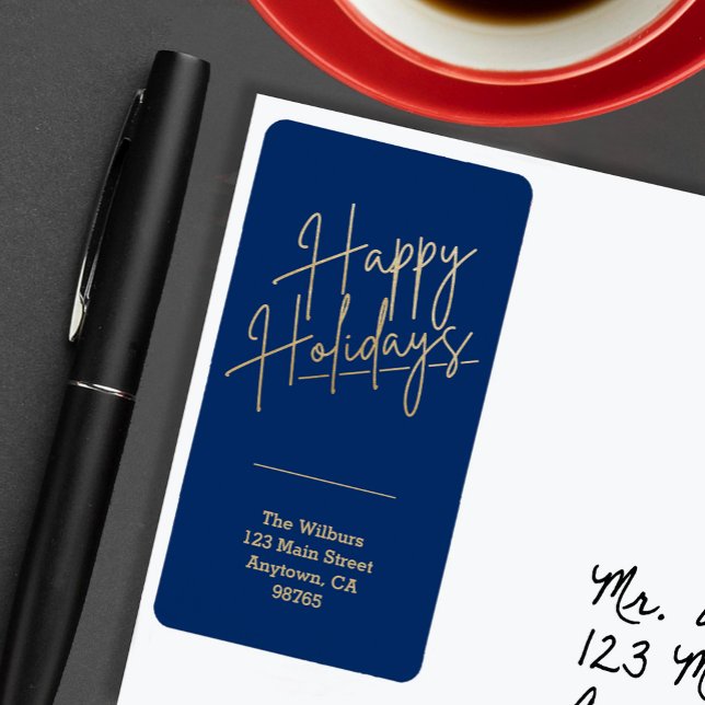 Felizes Férias Douradas Etiqueta de Endereço de Re (Gold script Happy Holidays on blue vertical return address labels)