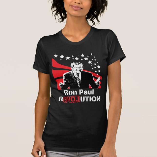 Fêmea do t-shirt do preto da revolução de Ron Paul (Frente)