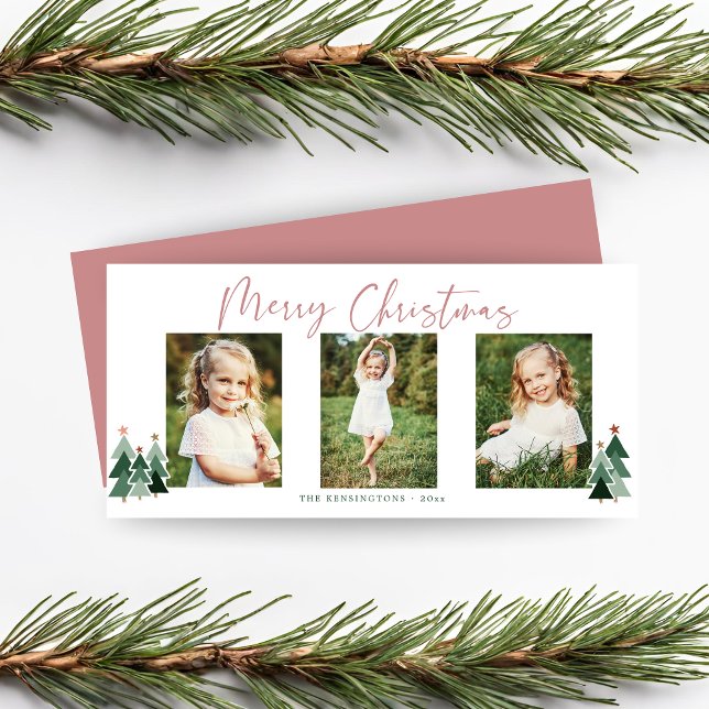 Feriado 3 Verde Rosa Moderno, Foto (Modern Pink Green Christmas Holiday 3 Photo Card)