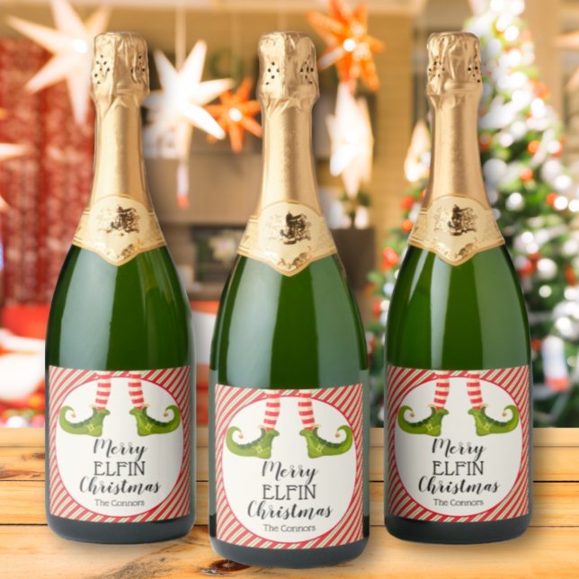 Feriado das Pernas do Elfo de Natal (Jolly Christmas Elf Legs Stripes Holiday Sparkling Wine Bottle Labels)