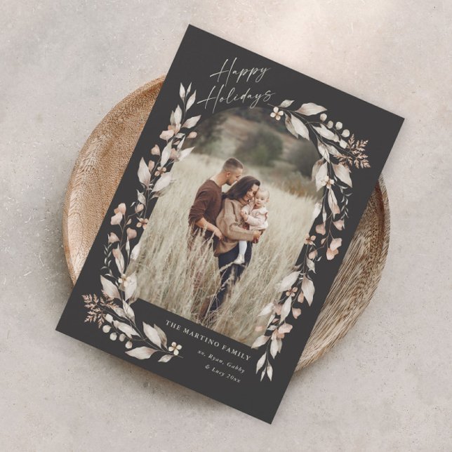 Feriado de Natal do Arch de Flor Selvagem Boho (Boho wildflower arch photo magnetic holiday card with elegant script and hand painted foliage.)