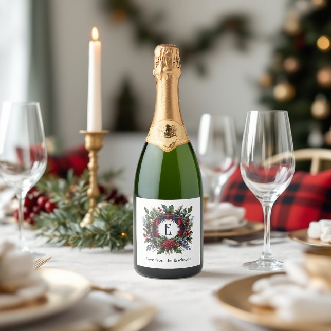 Feriado de Natal em Monograma, Xadrez rica em Vint (Vintage Rich Plaid Monogram Christmas Holiday Sparkling Wine Label)