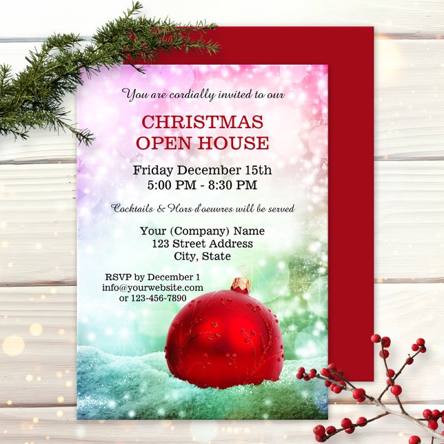Feriados da Empresa Espumante Convite à Casa Abert (Christmas company open house invitation featuring a red bauble with light sparkles in pastel colors)