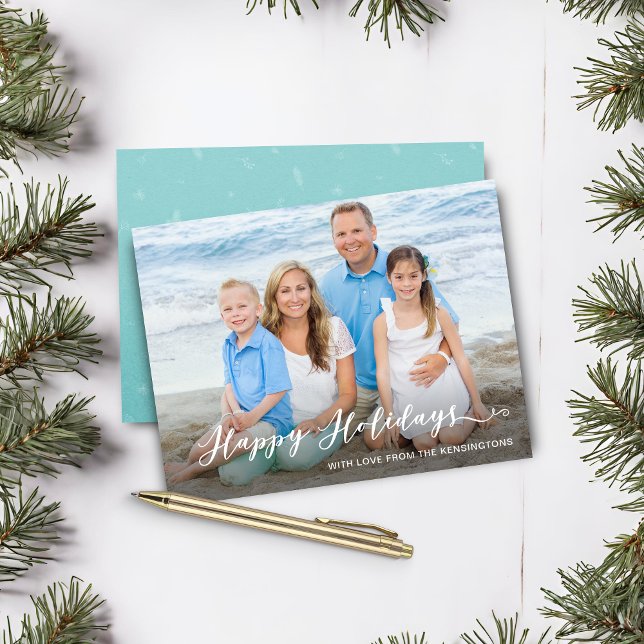Feriados Felizes de Teal de Orçamento Foto Manuscr (Budget Teal Happy Holidays Handwritten Photo Christmas Card)