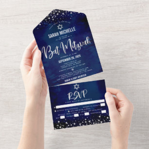 Festa Bat Mitzvah Marinha Prata Glitter Script Neg