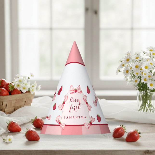 Festa Chapéu de Aniversário de Morango com Xadrez Vermel (Berry First Birthday Red Gingham Bows Party Hat)