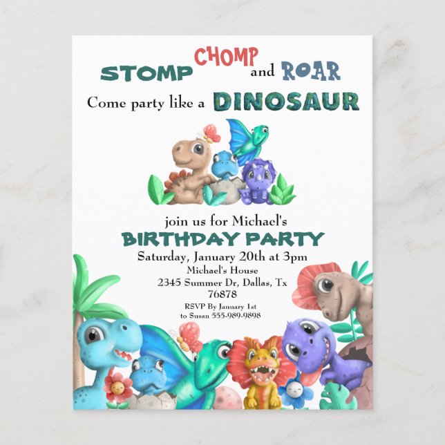 Festa como Dinossauro Bebê de Aquarela de Aniversá (Frente)
