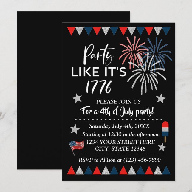 Festa como se fosse 1776 // 4 de julho de convite  (Frente/Verso)