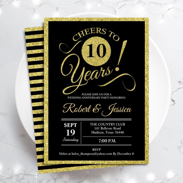 Festa de 10º Aniversário - Convite Dourado Preto (Criador carregado)