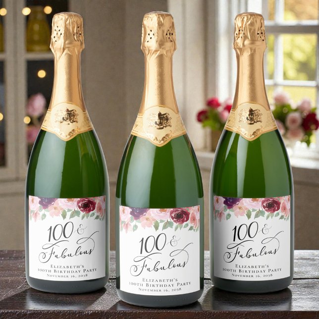 Festa de 100 anos Elegante com Flores (Elegant Floral 100th Birthday Party Sparkling Wine Label)