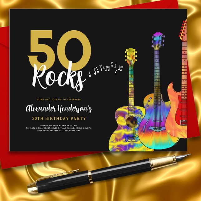 Festa de 50º aniversário da guitarra 50 rochas (Rock and roll cool black and gold 50th birthday party invitations 50 Rocks colorful guitar art)