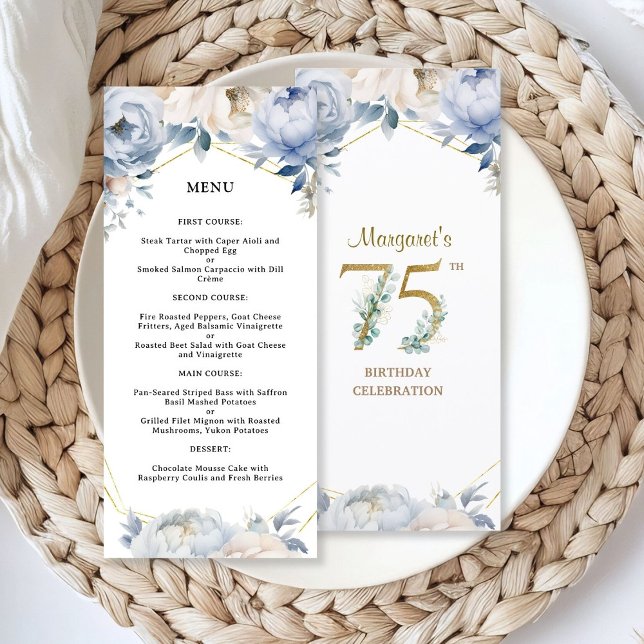 Festa de 75 Anos Dusty Blue Peony Gold Menu (Criador carregado)