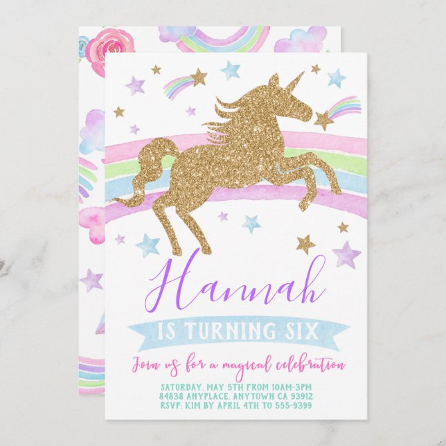 Festa de aniversário arco-íris de ouro de convite  (Frente/Verso)