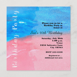 Festa de Aniversário Convite Azul e Rosa Aquarela